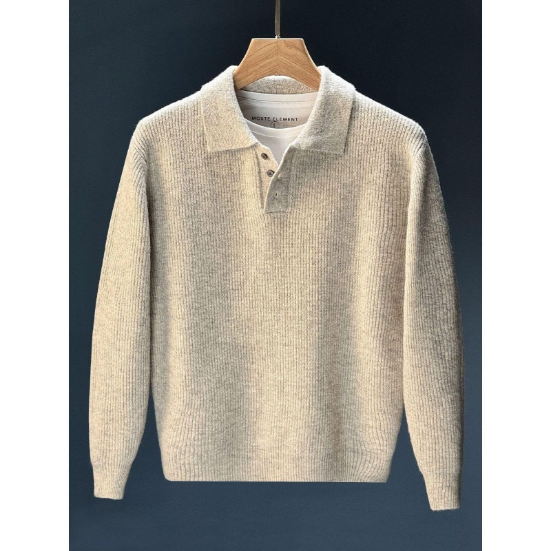 Ribbed Knit Sweater - Męski sweter polo z kołnierzykiem, zapinany