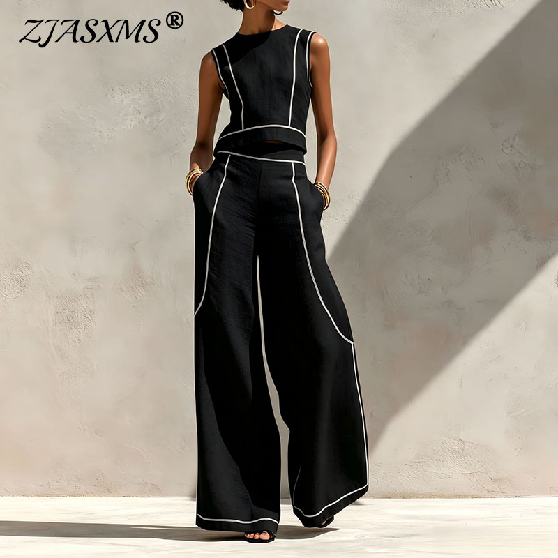 Wide Leg Palazzo Pants - Damski dwuczęściowy komplet w stylu vintage