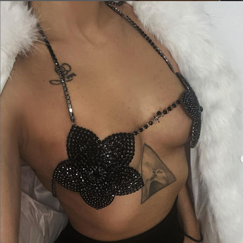Women'S Fashion Harness - Biustonosz z czarnym kryształowym kwiatem biustonosz