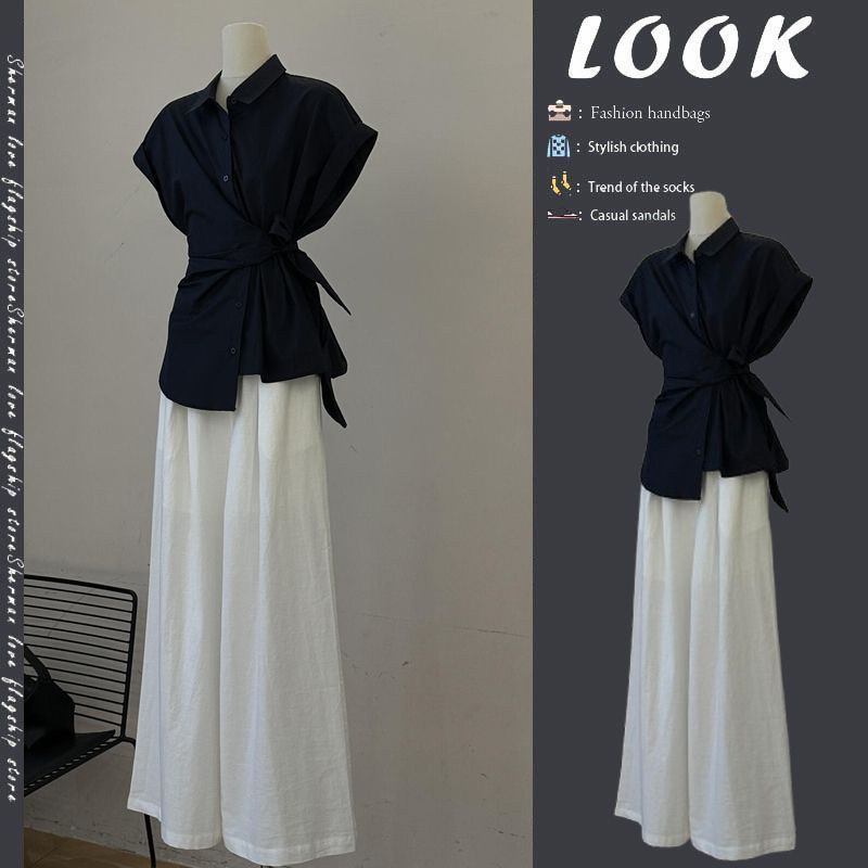 Wide Leg Palazzo Pants - Damski letni czarny komplet z bandażami