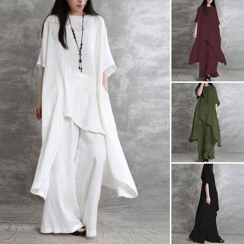 Wide Leg Palazzo Pants - Damskie bawełniane lniane 2-częściowe zestawy Duży