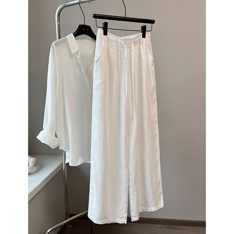 Wide Leg Palazzo Pants - Koreański biały lniany komplet damski: spodnie