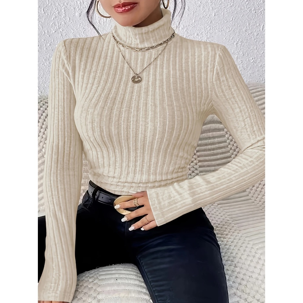Ribbed Knit Sweater - Damski sweter z golfem, prążkowany, dopasowany,