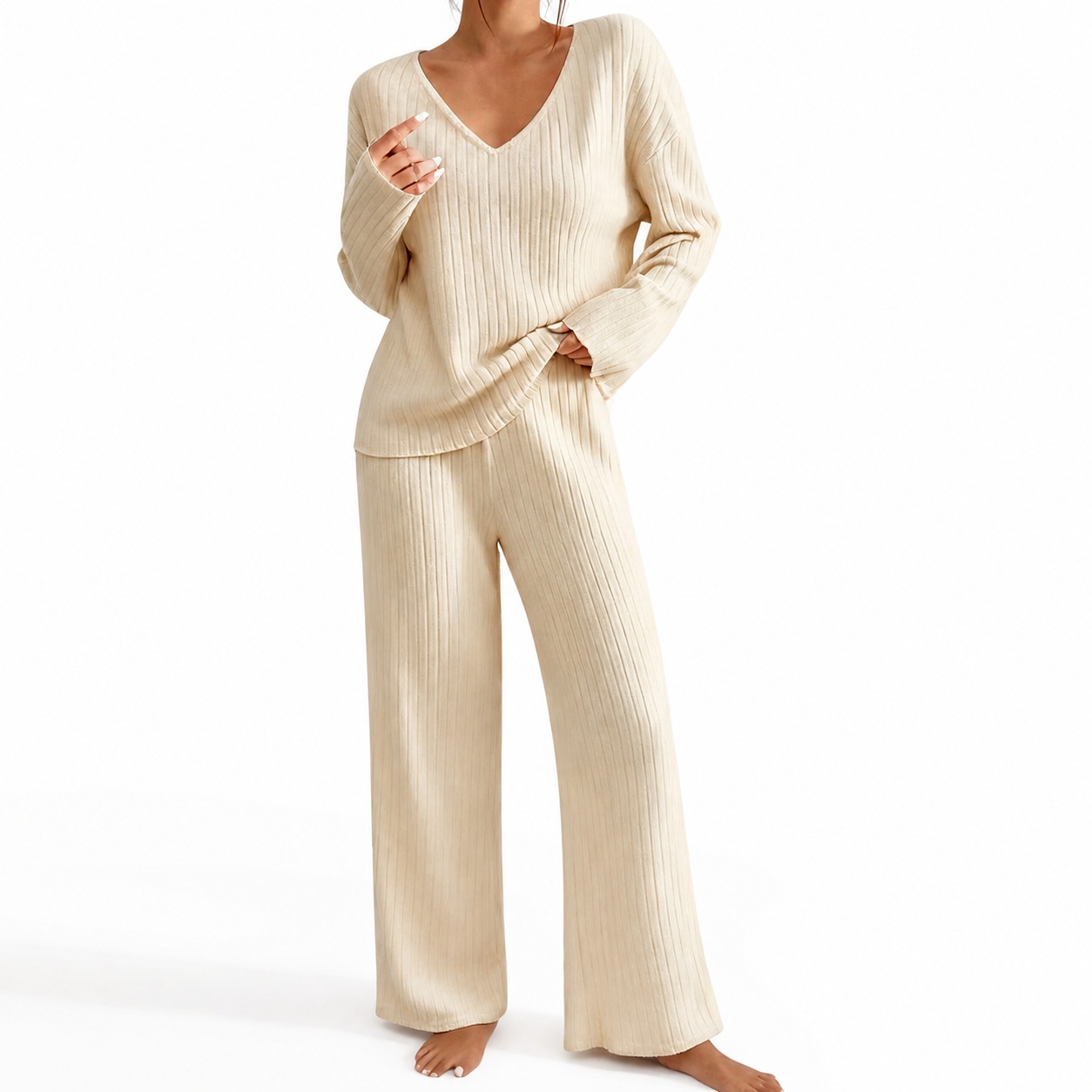 Ribbed Knit Sweater - Damski jesienny sweter z dekoltem w