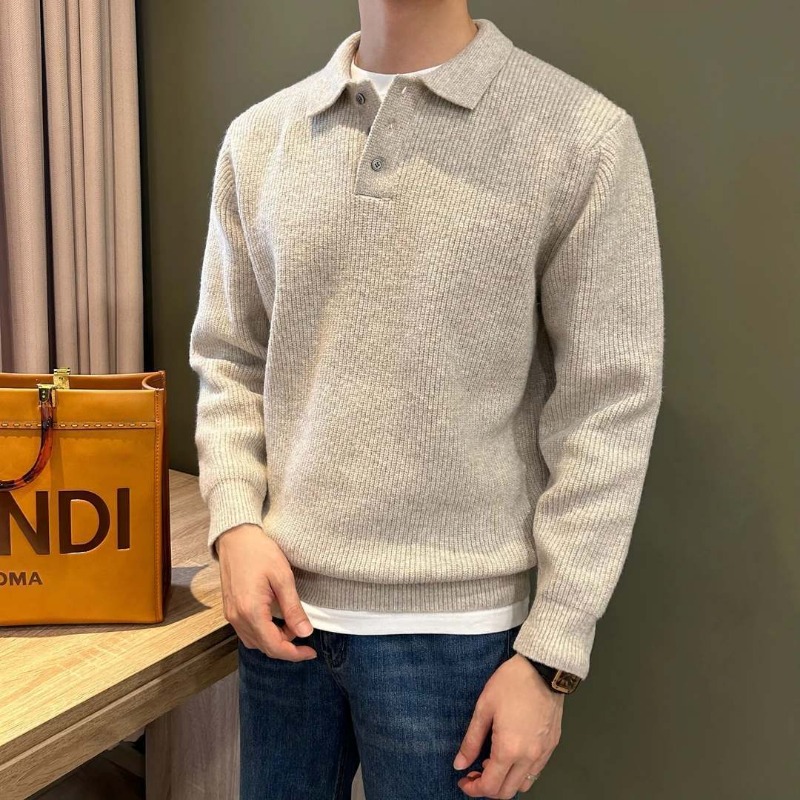 Ribbed Knit Sweater - Męski sweter polo z dzianiny, z