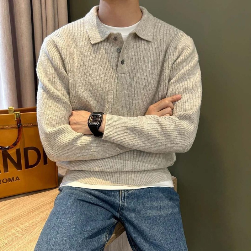 Męski sweter polo z dzianiny,  – Ribbed Knit Sweater recenzja i cena