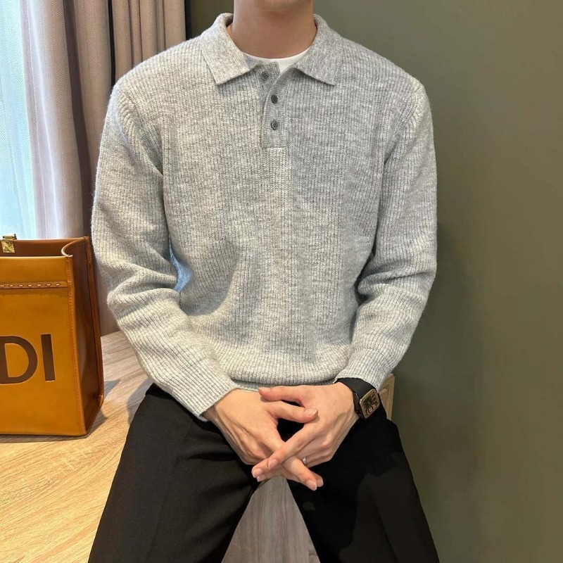 Męski sweter polo z dzianiny,  – Ribbed Knit Sweater recenzja i cena